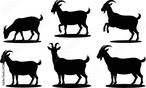 Silhouettes of six goats in different poses against a white background