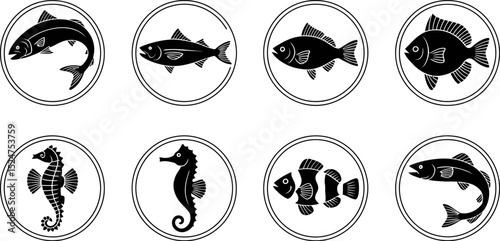 Collection of eight different fish and seahorse icons in circle frames