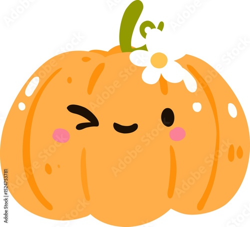 Cute Kawaii Pumpkin Illustration, Smiling Halloween Vegetable Clipart

