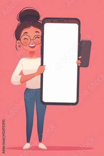 Happy Woman Holding a Giant Smartphone with Blank Screen - Perfect for App Advertisement or Mockup