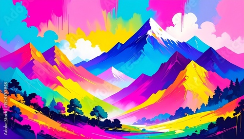 colorful vibrant acrylic painting of a vintage mountain landscape