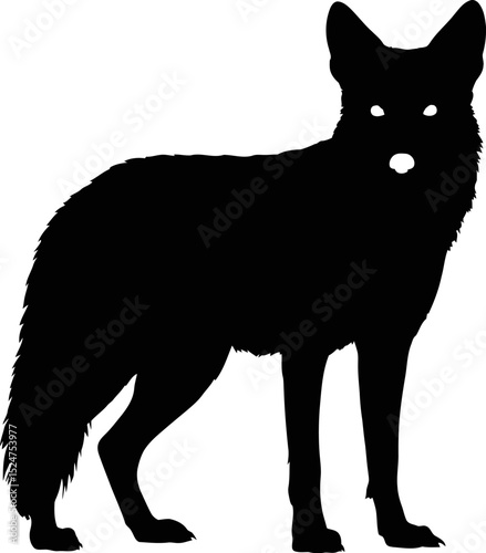 Silhouette of a standing coyote with glowing eyes on a white background