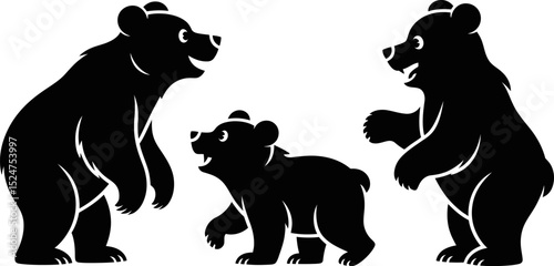 Illustration of a bear family with two adult bears and one cub in black