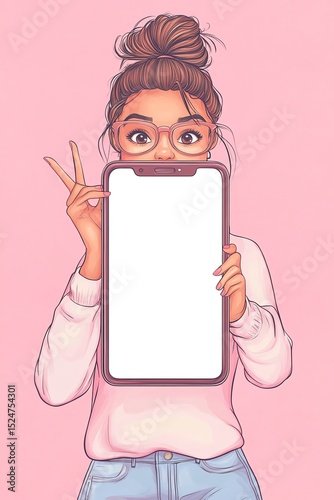 Stylish Girl Holding Large Smartphone with Blank Screen, Trendy Pink Outfit,  Peace Sign Gesture,  Modern Pop Art Illustration.