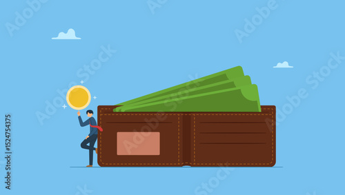 Businessman with gold coin next to wallet banknotes. Salary, wages or income, making money profit, cash or economics, financial saving, investment or expense, spending, salary payroll, compensation.