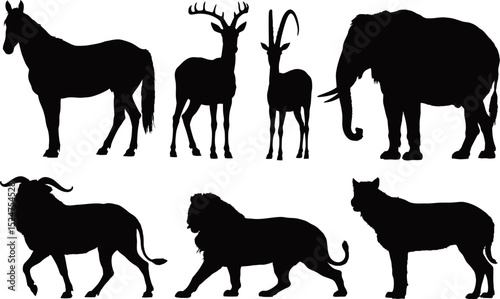 Silhouettes of various animals including horse deer antelope and elephant