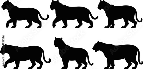 Six black panther silhouettes in different poses on a white background