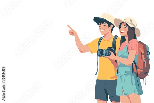 Happy Couple on an Adventurous Journey: Exploring New Destinations Together, Capturing Memories with a Camera.  Perfect for travel blogs, tourism websites, and adventure promotions.