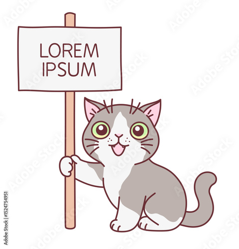 Cartoon gray and white cat holding the banner with lettering. Vector illustration. 