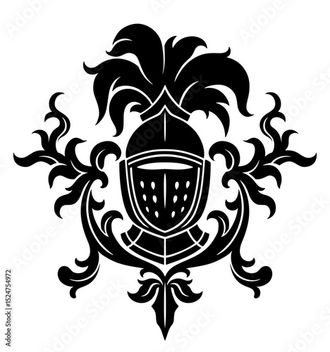 Black and white vector old style decoration with knight helmet. 