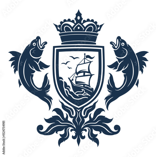 Flat silhouette style coat of arms with fishes, sailing ship and water on the white background. Vector illustration.
