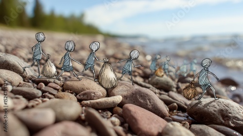 Shoreline cleanup by stick figures symbolizes teamwork in safeguarding oceans and promoting a cleaner, healthier planet.
