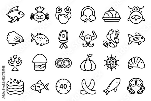Seafood line icons set isolated on transparent background featuring fish squid and tuna