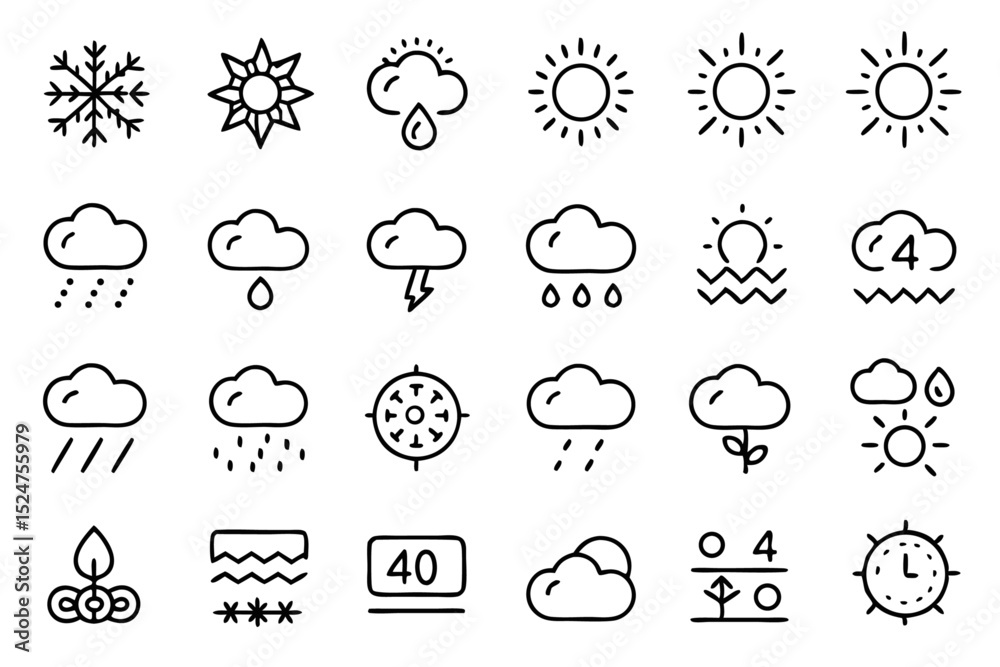 Set of line icons depicting weather climate change and clouds isolated on transparent background Set of line icons depicting weather climate change and clouds isolated on transparent background