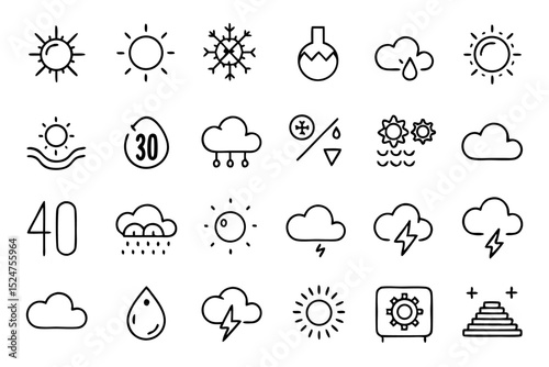 Collection of line icons depicting weather climate change and clouds isolated on transparent background
