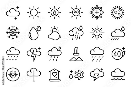 Collection of line icons depicting weather climate change and clouds isolated on transparent background