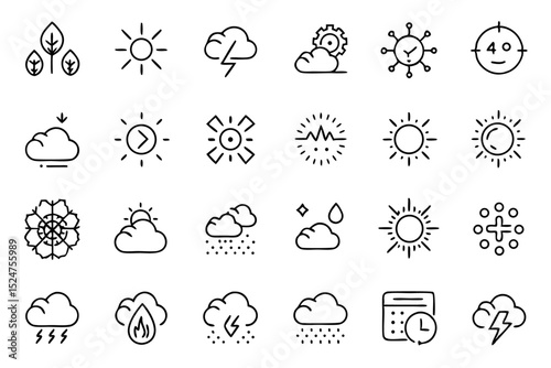 Collection of line icons depicting weather climate change and clouds isolated on transparent background