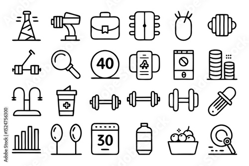 Collection of line icons depicting weightlifting gym equipment and barbells isolated on transparent background