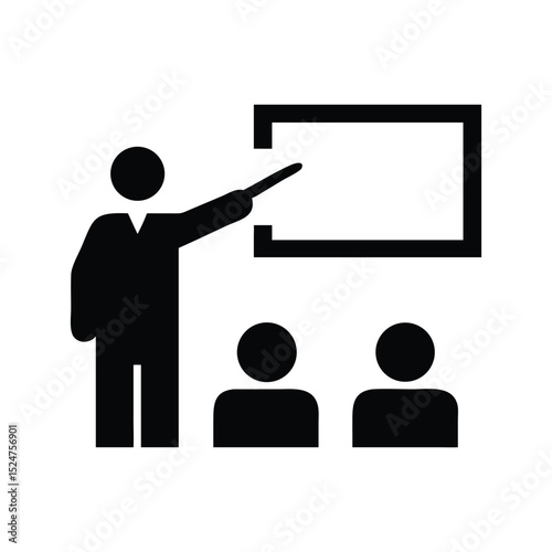 Simple black and white illustration of a teacher pointing to a whiteboard, with students in the audience.