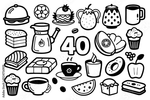 Cheerful morning breakfast doodle collection isolated on transparent background