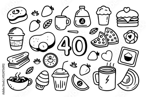 Cheerful morning breakfast doodle collection isolated on transparent background