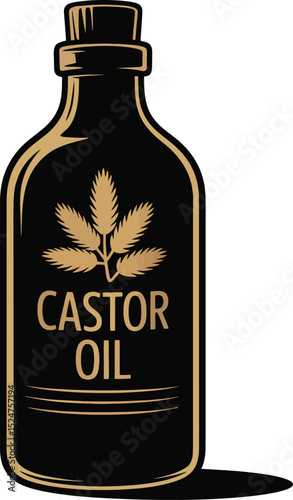 Black Bottle of Castor Oil with Gold Accents and Castor Bean Plant Illustration.