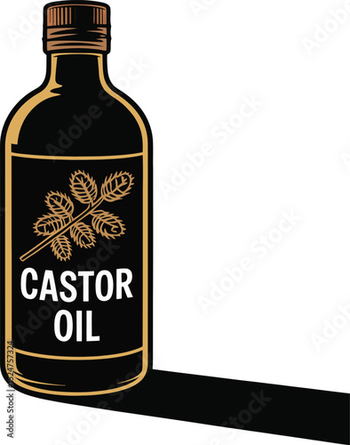 Elegant Black Bottle of Castor Oil with Leaf Design and Minimalist Presentation.