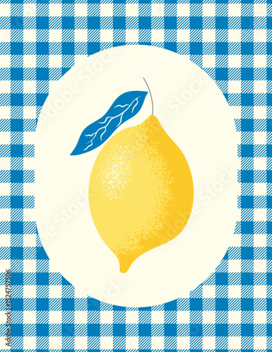 Vintage poster with lemon in frame, surrounded geometric blue tile pattern. Vector illustration for traditional Italian packaging and travel banners. Vector illustration