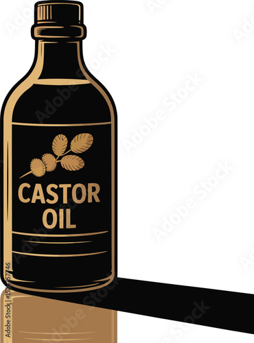 Elegant bottle illustration of castor oil, adorned with a branch and reflection.
