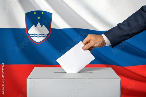 Male Hand Inserting a White Paper in Ballot Box with Slovenian Flag Background
