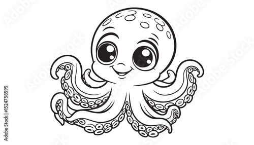 vector illustration of cartoon Octopus black and white drawing For children to learn to color according to the picture.