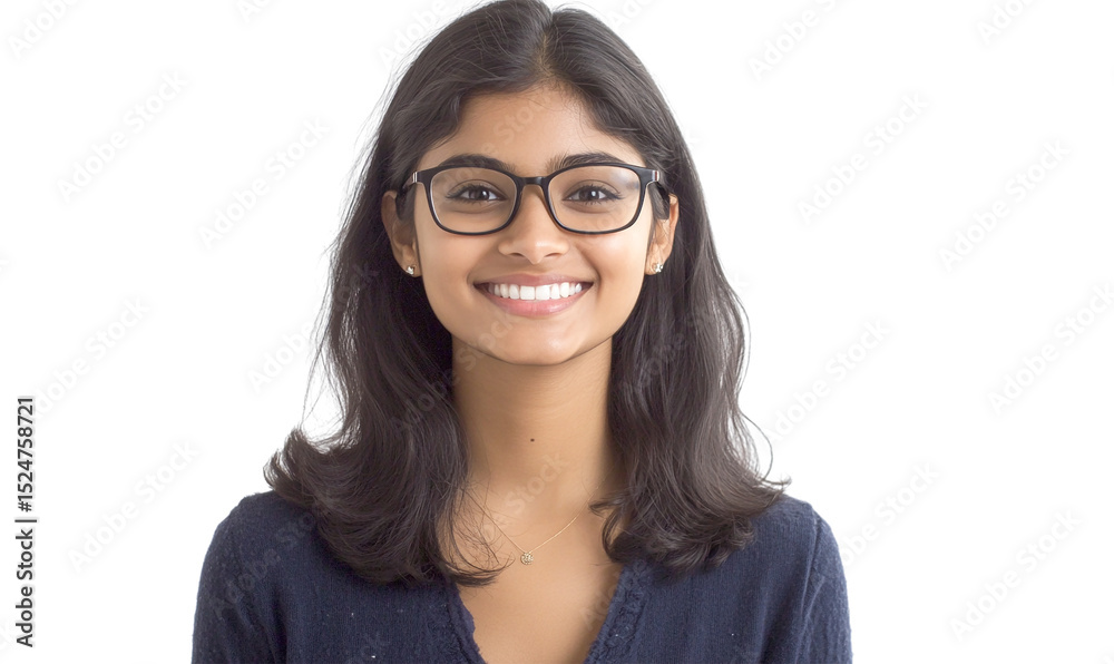 Obraz premium Portrait of a smiling young woman wearing glasses, shoulder-length dark hair, and a navy blue sweater against a transparent background.