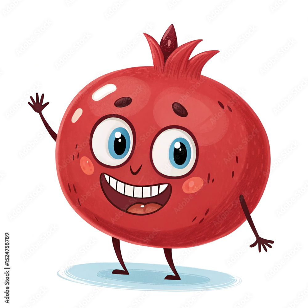 Fototapeta premium Joyful Cartoon Pomegranate Character Smiling on White Background, Cute Fruit Design