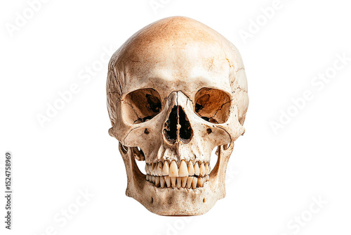 Human skull, front view, isolated on transparent background, detailed bone structure, anatomical study, pale beige color, medical illustration, death, mortality, memento mori,