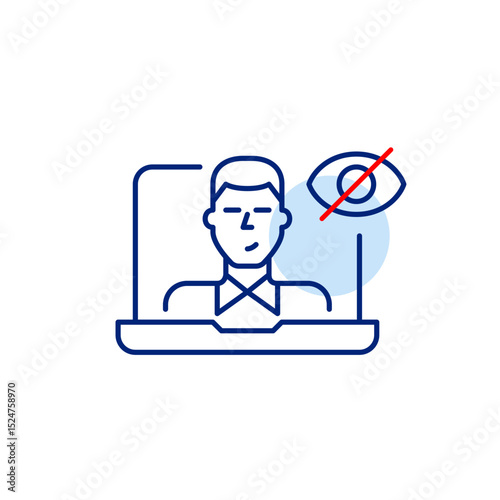 Vector icon of man on laptop screen with crossed-out eye, symbolizing hidden video call, private meeting, or invisible online presence. Ideal for remote work apps, communication tools, and privacy