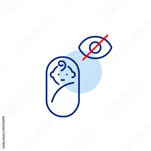 Vector icon of baby swaddle with crossed-out eye, symbolizing hidden baby monitor, private mode, or invisible status. Ideal for parenting apps, smart baby devices, and privacy settings