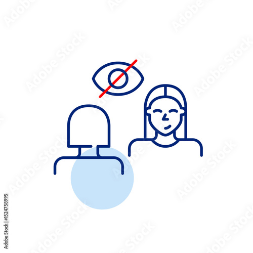 Vector icon of two women in conversation with crossed-out eye, symbolizing private discussion, confidential communication, hidden dialogue. Ideal for messaging apps, privacy settings, and social platf