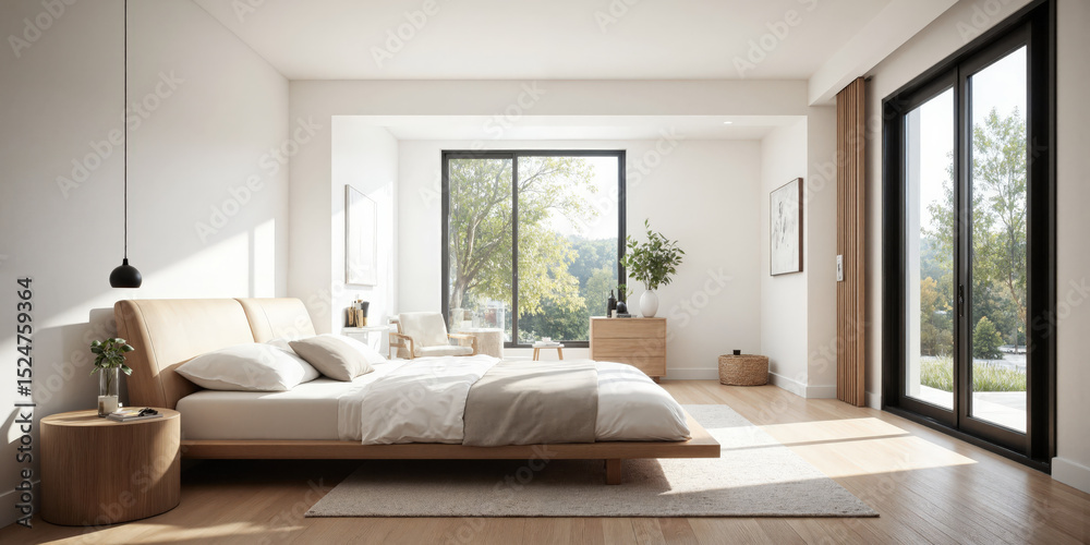 custom made wallpaper toronto digitalCompact Scandinavian bedroom with soft white walls, a low-profile wooden bed with soft bedding in neutral tones, and a large