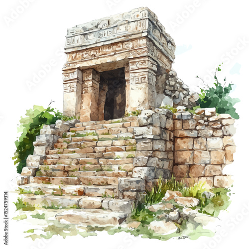 Mayan Ruins, watercolor vector, high quality, isolated on a white background.