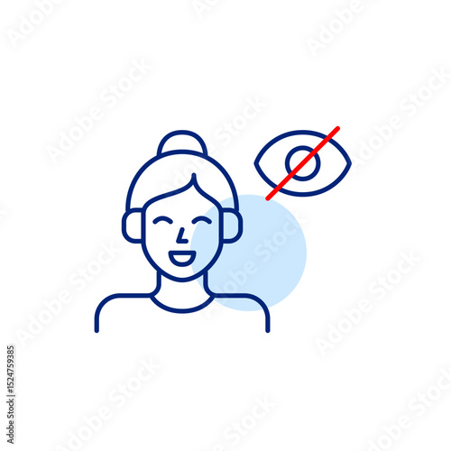 Vector icon of woman wearing headphones with crossed-out eye, symbolizing private listening, hidden audio, or invisible sound mode. Ideal for music apps, privacy settings, and audio