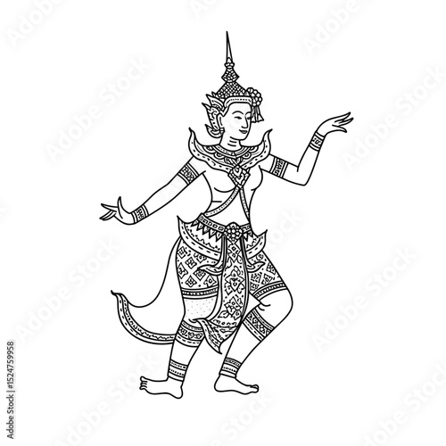 Elegant Thai Apsara dancer in traditional costume. Apsara graceful pose depicts elegance and beauty. Apsaraicon is perfect for cultural designs, textile prints, and Songkran