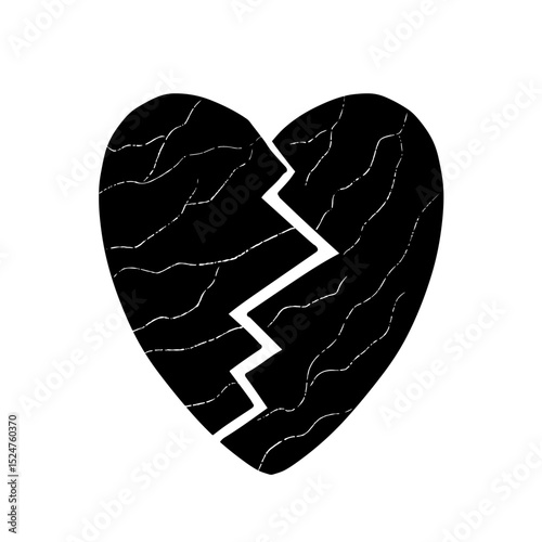 Black broken heart vector illustration isolated white background. Abstract cracked heart icon