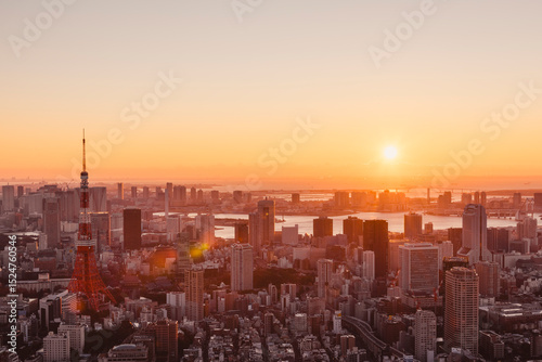 朝日を浴びる東京都心のビル群