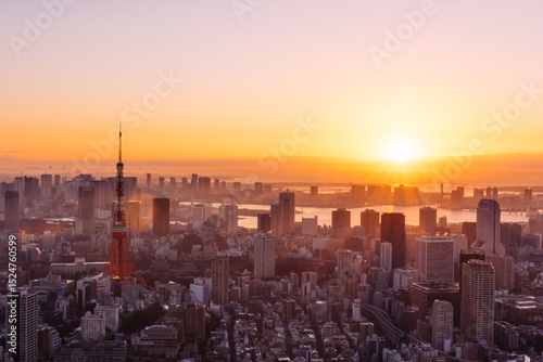朝日を浴びる東京都心のビル群