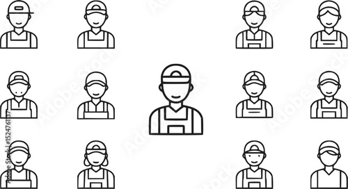 Set of outline vector icons. Professions, construction, worker, repairer, technician, engineer icons. Isolated on white background