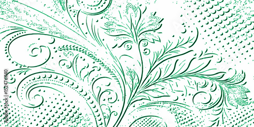 green floral pattern with swirls and dots on a white background.