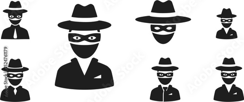 Set of black and white bandit icons. Vector illustrations.
