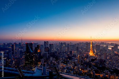 朝日を浴びる東京都心のビル群