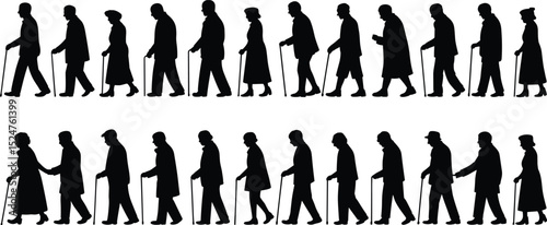 Elderly people silhouettes walking with canes, senior citizens vector set, aged men and women clipart, mobility support illustration