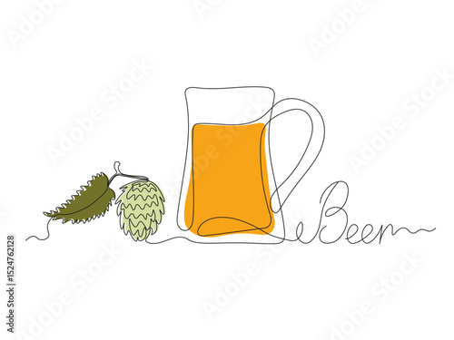 Abstract card with the text Beer. A mug of beer and hops, continuous single one line art hand drawing sketch logo